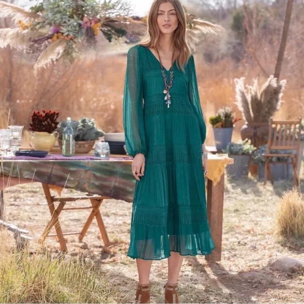 Sundance Adore Moi Chiffon Midi Dress Pacific Blue Green Eyelet Sheer Small NWOT